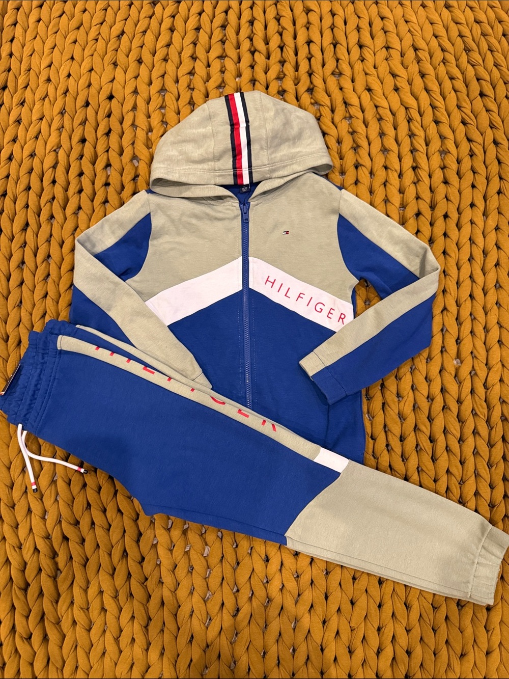 Tommy Hilfiger Blue & Beige Kids Zip Hoodie  and Joggers Set - Med (8-10)